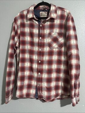 Guess Men's Red and White Plaid Long-Sleeve Button-Down Shirt